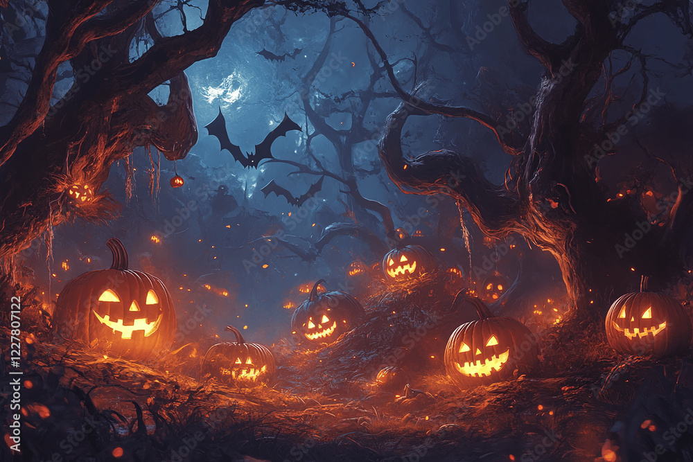 Mysterious Haunted House on a Foggy Halloween Night with Glowing Jack-o’-Lanterns, Flying Bats, and an Eerie Gothic Atmosphere Mysterious Haunted House on a Foggy Halloween Night with Glowing Jack-o’-Lanterns, Flying Bats, and an Eerie Gothic Atmosphere