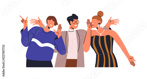 Happy friends speaking, gossiping, laughing together at festive party. Joyful young people, youth celebrating, gesturing, enjoying hangout. Flat vector illustration isolated on white background