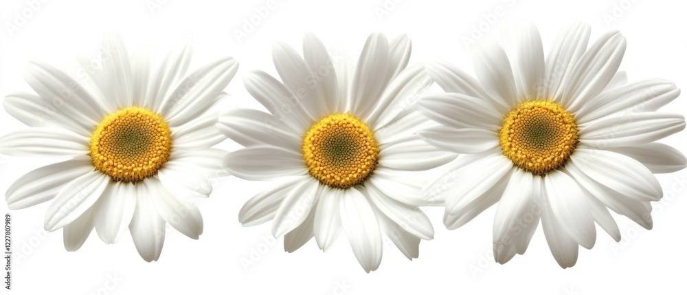 Three white daisies with yellow centers on clean background Three white daisies with yellow centers on clean background