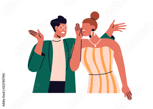 Happy friends gossiping, sharing secret. Woman telling rumors, whispering, speaking. Joyful funny conversation. Chatting, laughing, gesturing. Flat vector illustration isolated on white background