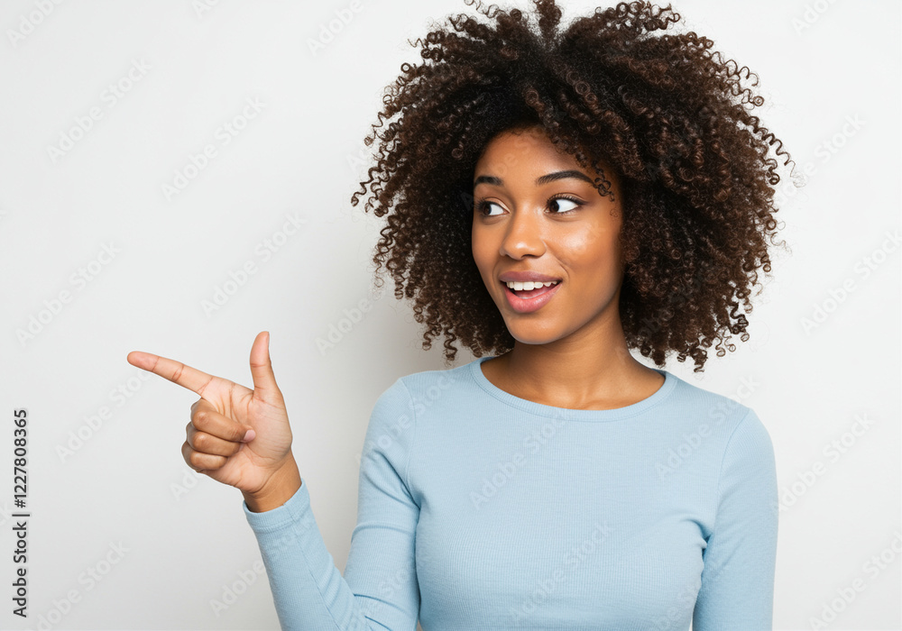 Smiling woman with curly hair pointing to the left. Woman with a pointing gesture looking to the side Smiling woman with curly hair pointing to the left. Woman with a pointing gesture looking to the side