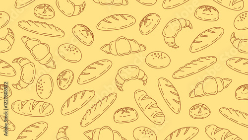 Bakery and pastry background. Hand drawn bread seamless pattern motif wallpaper. Bake shop backdrop, packaging, food wrapper