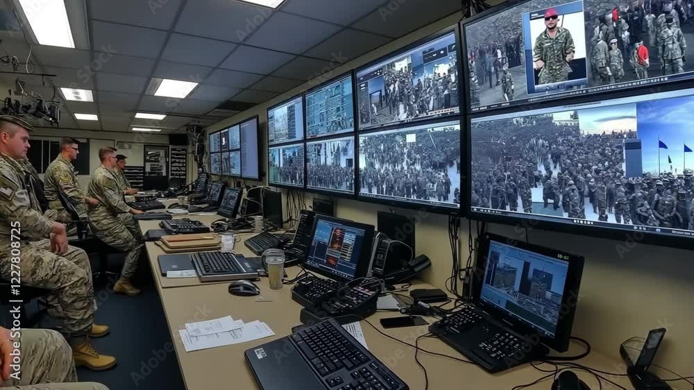 In a high-tech command post, military personnel work on obtaining intelligence, incorporating real-time surveillance, and upholding security procedures.