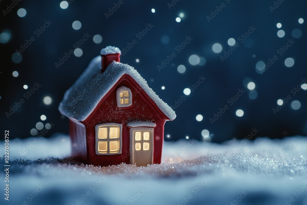Fototapeta premium Little decorative Christmas house, beautiful festive still life, cute small red ceramic house at snowy night, christmas decoration