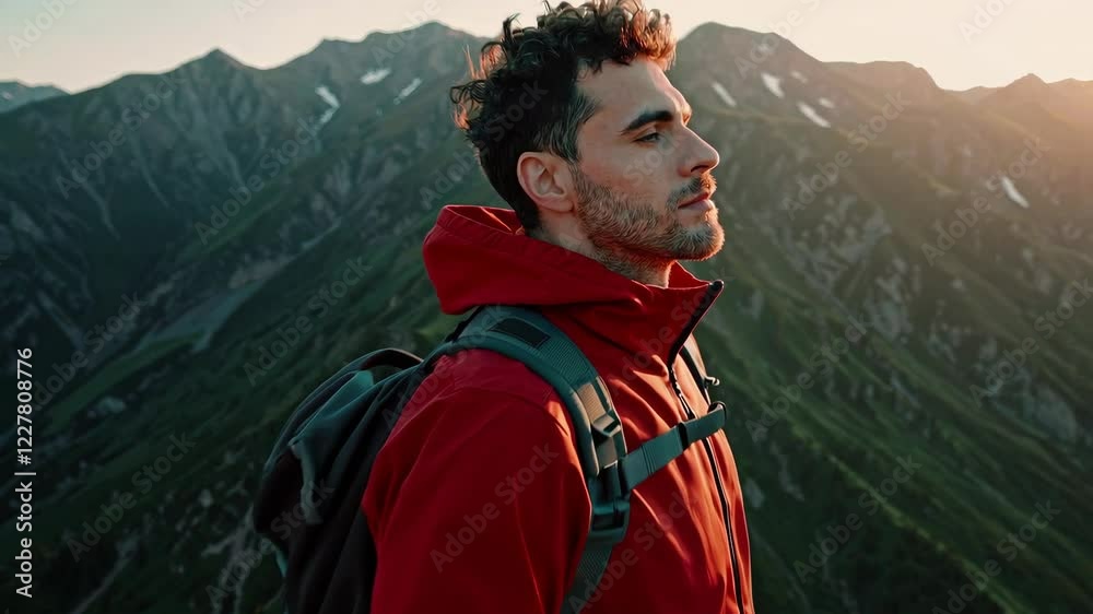 Happy Man Enjoying a Scenic Mountain View During a Hiking Adventure Happy Man Enjoying a Scenic Mountain View During a Hiking Adventure