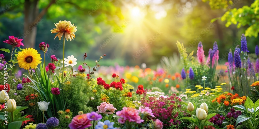 Fototapeta premium Vibrant floral landscape with diverse colorful flowers and lush green plants