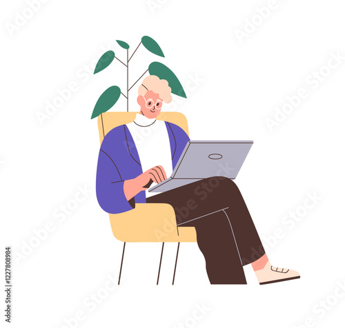 Man with laptop, sitting in armchair during remote online work. Business person, freelancer with notebook computer. Freelance worker in chair. Flat vector illustration isolated on white background
