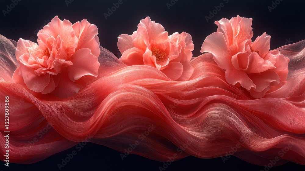 Coral roses, flowing fabric, dark backdrop, website banner Coral roses, flowing fabric, dark backdrop, website banner