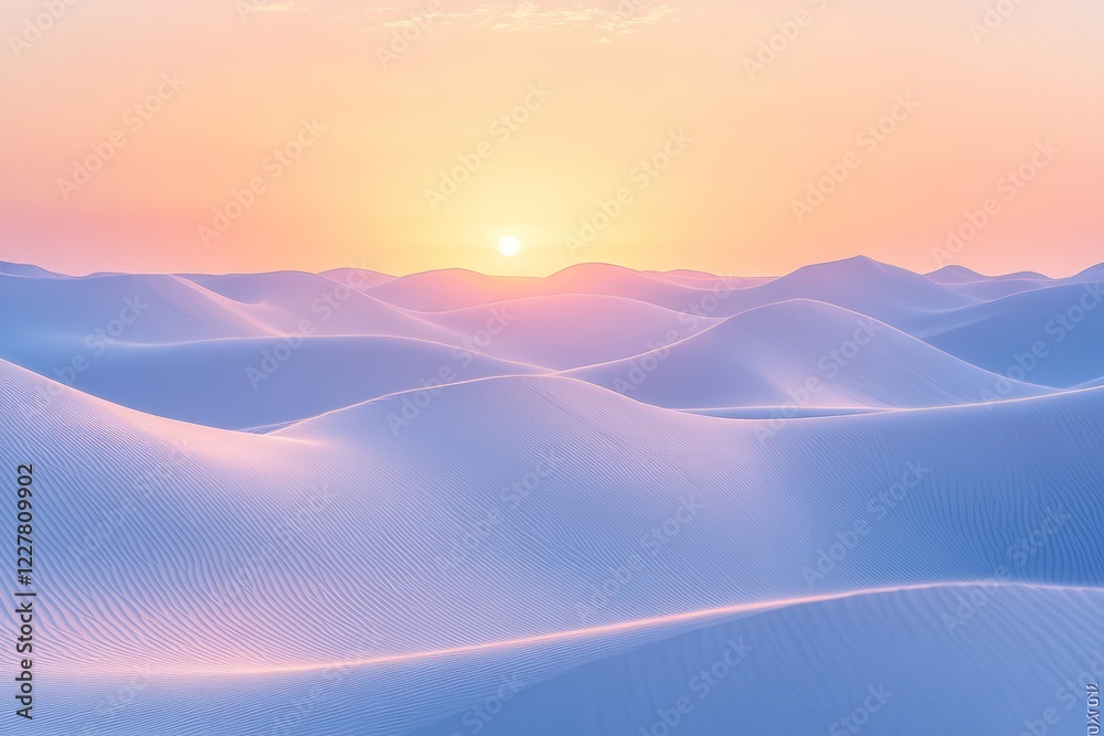 A tranquil view of rippling dunes glowing under a pastel pink and orange sunset A tranquil view of rippling dunes glowing under a pastel pink and orange sunset