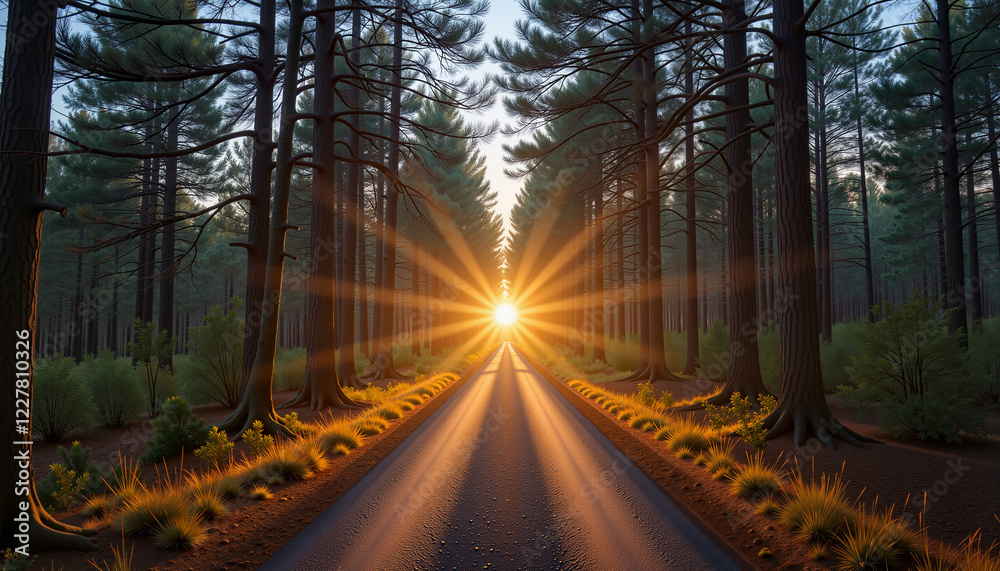 Obraz premium Sunlight shining through trees on forest road