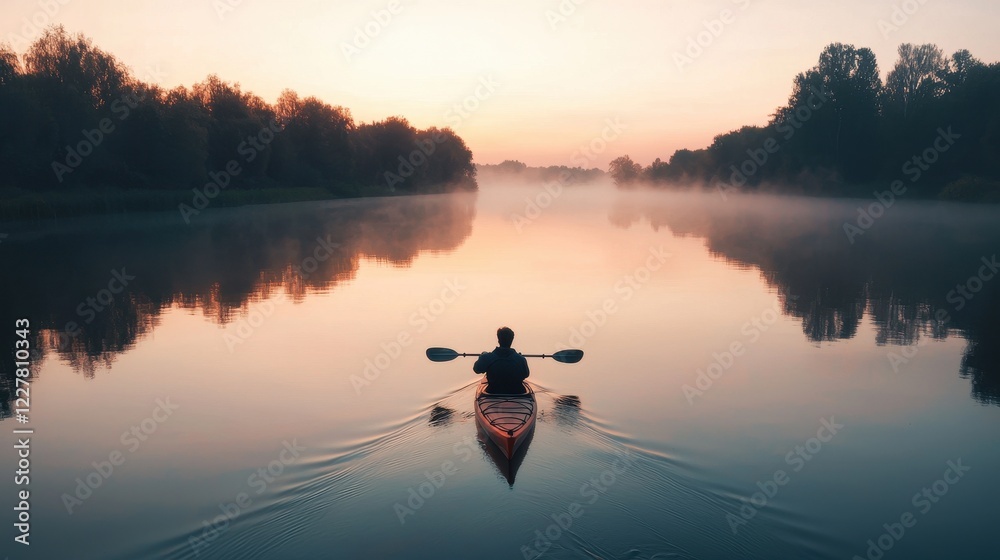 Lone Kayaker Paddling Through Misty River at Sunrise with Serene Reflections on Calm Waters Lone Kayaker Paddling Through Misty River at Sunrise with Serene Reflections on Calm Waters
