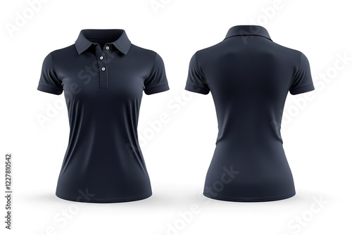 3D realistic navy blue polo shirt, front and back view on a white background, fashion design elements, isolated object on the left side of an empty space for text or graphics, different angles, mockup