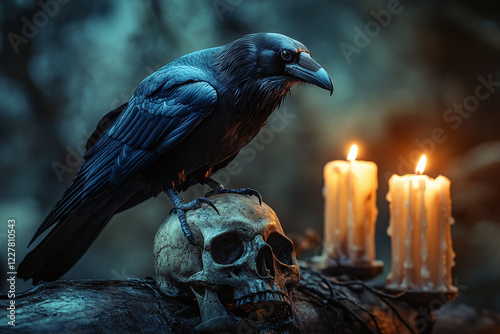 Glowing Jack-o'-Lanterns in a Spooky Forest Under Full Moon with Flying Bats and Autumn Leaves Creating an Eerie Halloween Night Atmosphere