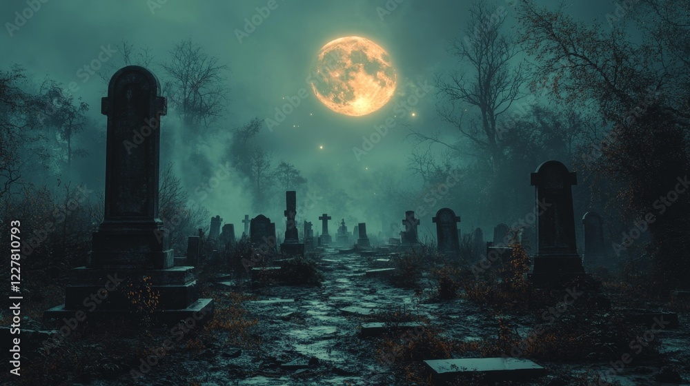 Mysterious Moonlit Graveyard. Generative AI Mysterious Moonlit Graveyard. Generative AI