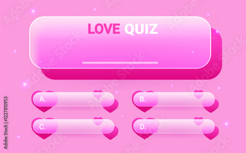Valentine’s Day glass morphism quiz game menu template on pink background. Love answer and question vector illustration