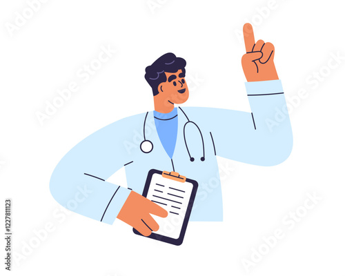 Doctor, medical professional consulting, speaking on health, pointing with finger. Physician, general practitioner with important advice. Flat vector illustration isolated on white background