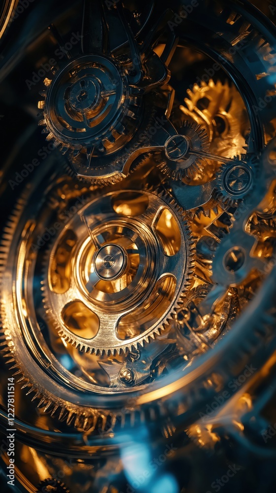 Fototapeta premium shiny golden clockwork gears in intricate arrangement capturing mechanical precision under warm light concept of technology engineering finance