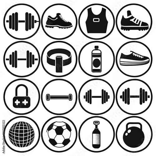 Black and White Fitness & Sports Icon Set: Dumbbells, Running Shoes, Yoga Mats, and Essential Sports Gear