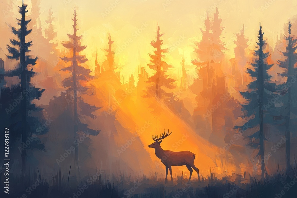 Majestic deer silhouette against a serene forest at sunrise with golden sunlight streaming through the trees