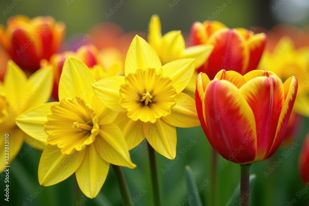 Close-up vibrant yellow daffodils and red tulips, meadow, beauty, flowering plant