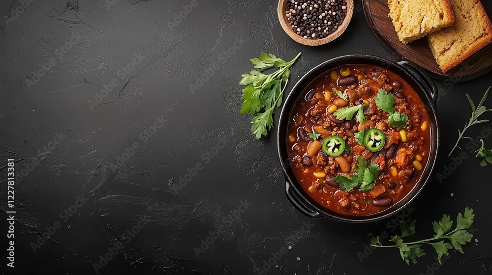 A hearty plantbased chili served with cornbread and jalapeno slices, a comforting dish A hearty plantbased chili served with cornbread and jalapeno slices, a comforting dish