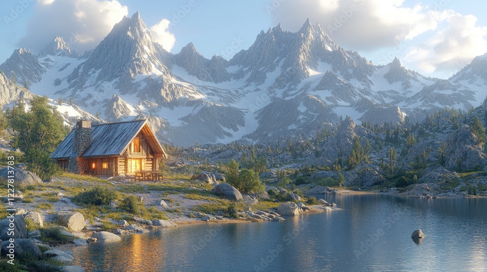 Naklejka premium Mountain cabin lake sunset scenic landscape