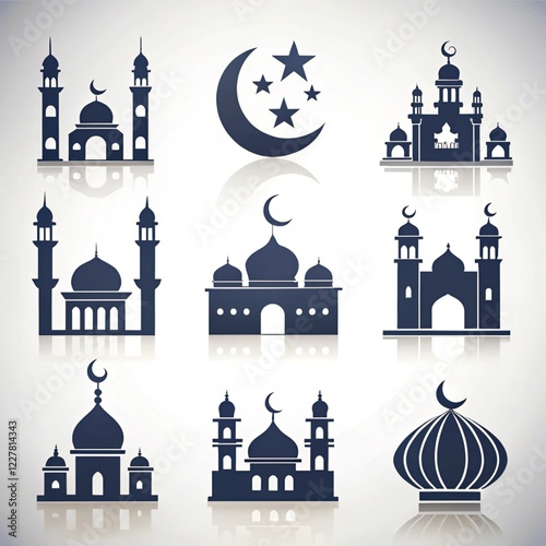 Eid ul Fitr Mosque and Crescent Moon Icon Set: Spiritual and Festive Symbols for the Joyous Eid Celebration