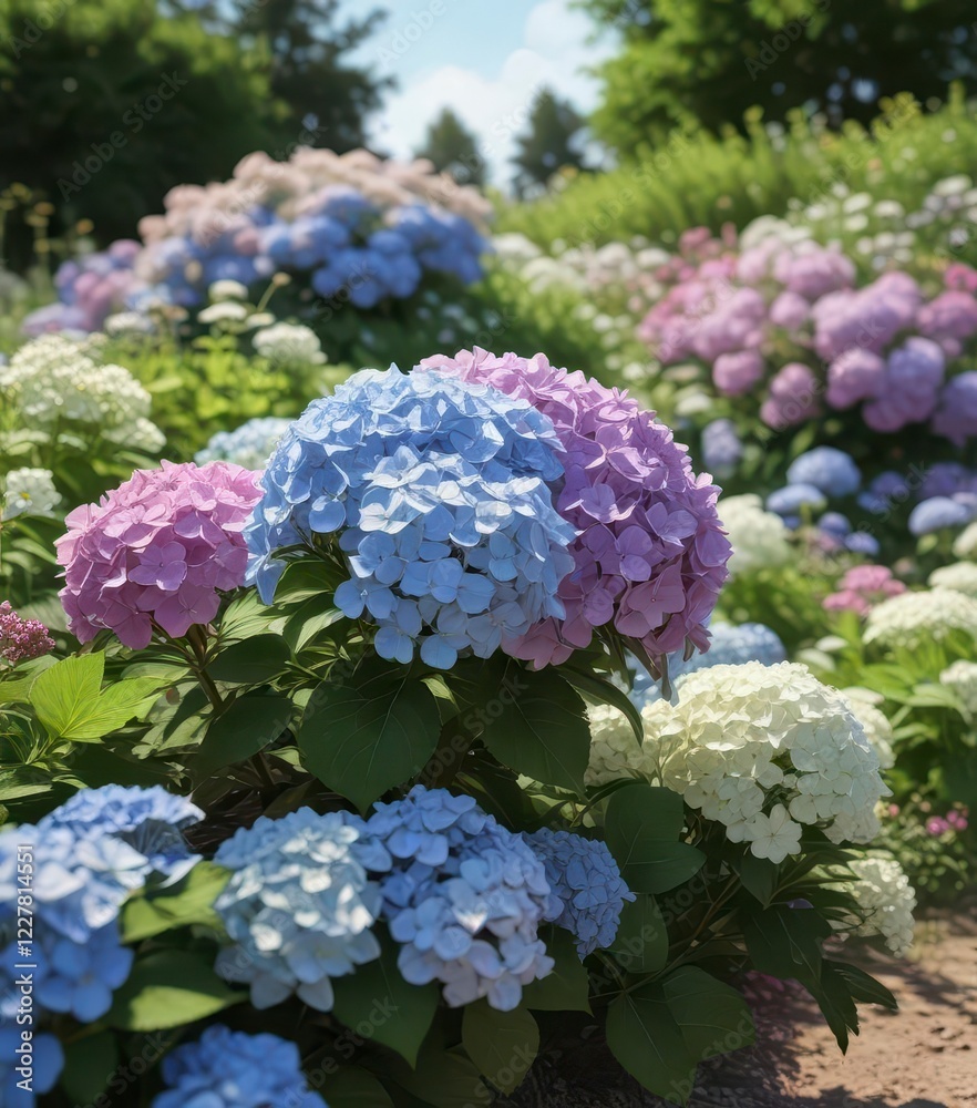 Garden hydrangeas and wildflowers in full bloom, greenery, blossoms, garden flowers Garden hydrangeas and wildflowers in full bloom, greenery, blossoms, garden flowers
