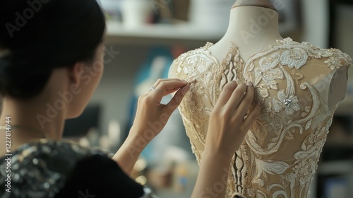 Costume designer finalizing detailed garment for gala event, elegant style and professional adjustments highlighting artistic vision photo