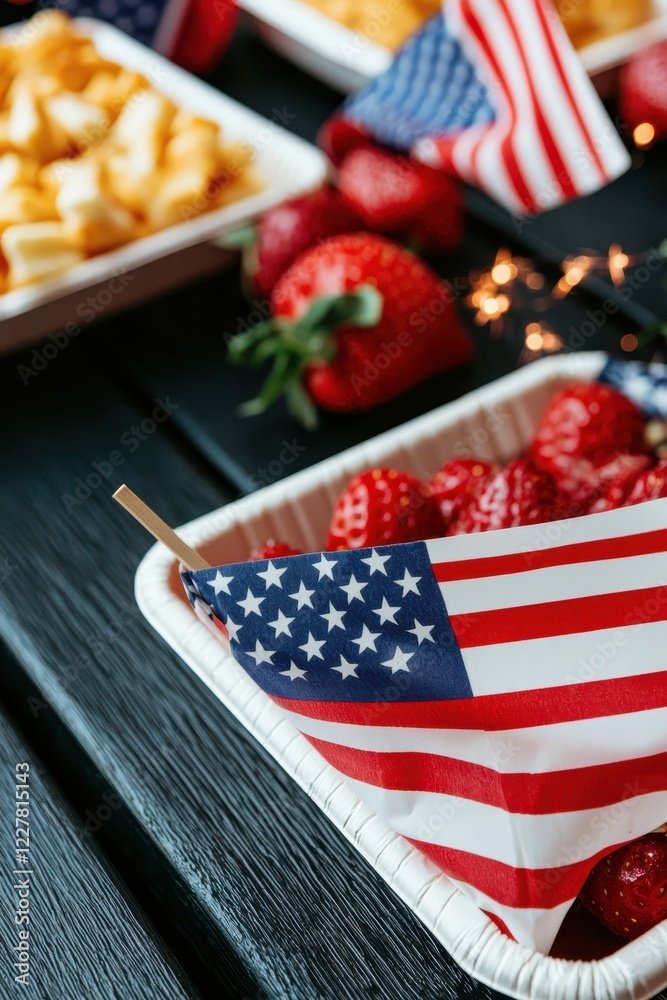 Obraz premium A festive spread featuring strawberries and raspberries adorned with small American flags, perfect for a patriotic celebration.