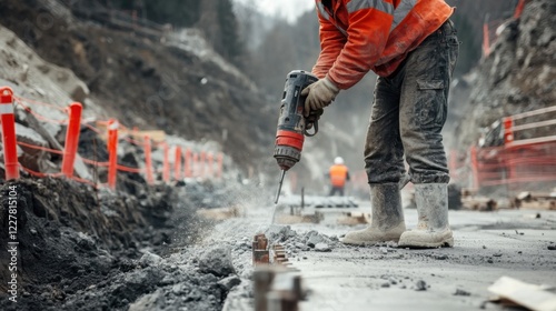 A construction worker operating a pneumatic drill to break concrete on a bridge repair site, with construction equipment and safety barriers in the background, Bridge repair scene
