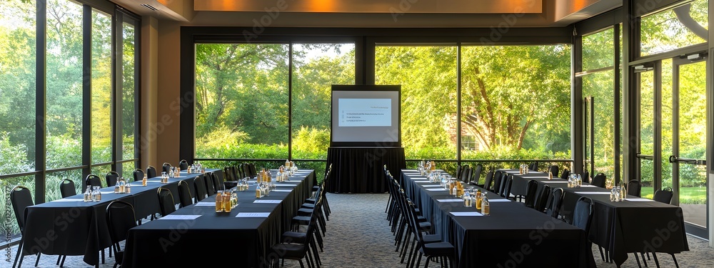 A large conference room with tables and chairs set up for an event. Large windows overlook the greenery of park
A large conference room with tables and chairs set up for an event. Large windows overlook the greenery of park