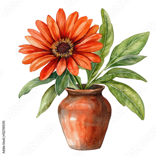 Wallpaper Mural Vibrant Orange Flower in Brown Pot with Green Leaves Decor Torontodigital.ca