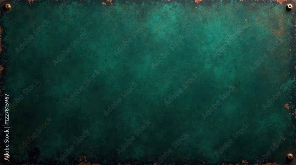 Obraz premium Deep Teal Patina Metal Plate with Antique Brass Fasteners A Textured Background for Design Projects