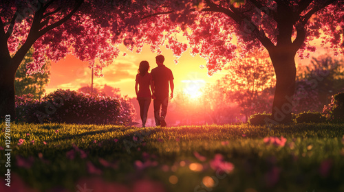 A young couple walking hand in hand through a park,stopping to admire a beautiful sunset. One partner whispers something sweet into the other ear, causing a spontaneous smile to bloom across their fac photo