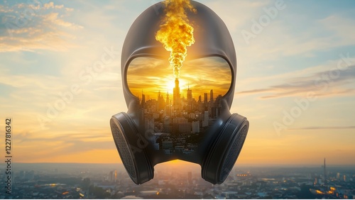 a double exposure style icon flat art of a city landscape fused with a gas mask shape, presenting bold lines and muted colors to convey urgency of air pollution issues with copy space photo