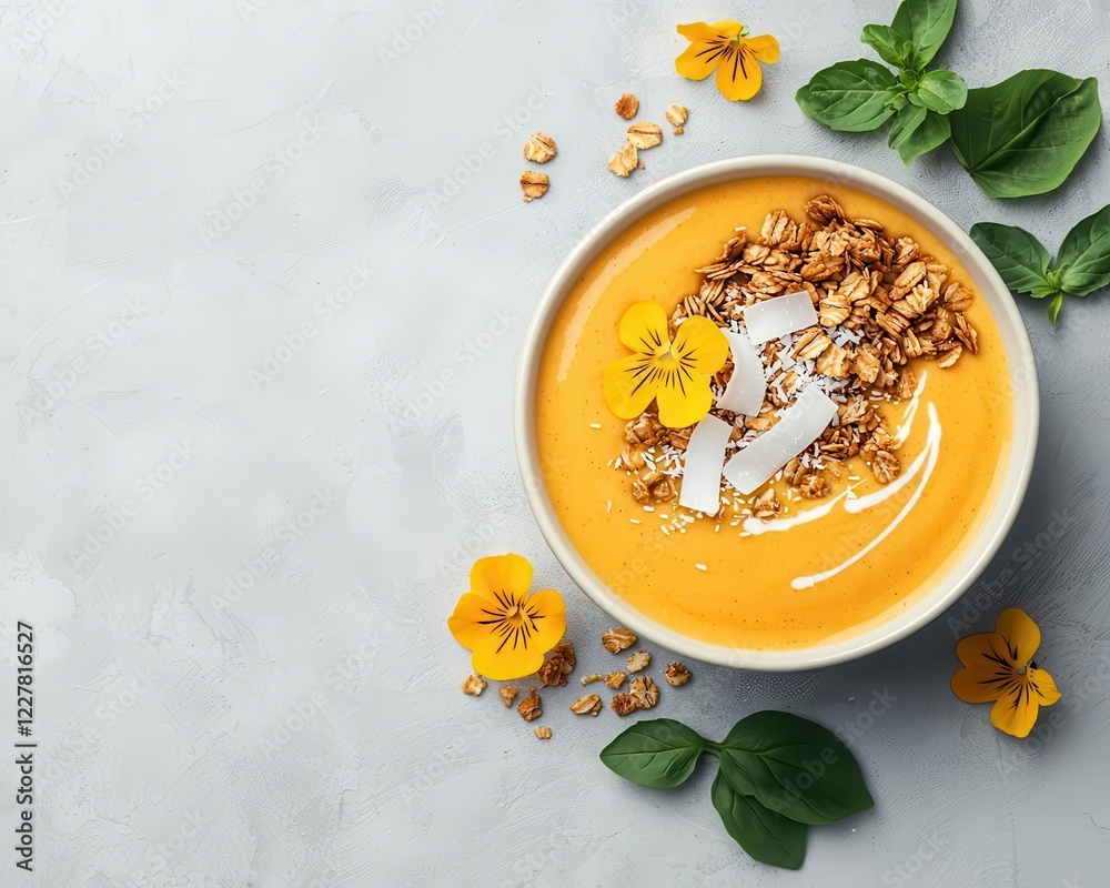 A flatlay of a smoothie bowl topped with granola, coconut flakes, and edible flowers, vibrant and healthy A flatlay of a smoothie bowl topped with granola, coconut flakes, and edible flowers, vibrant and healthy
