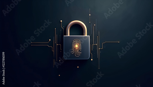 This image has an elegant fingerprint and padlock combination concept, biometrics. Suitable for security advertisements, AI Security, data security page banners, etc.