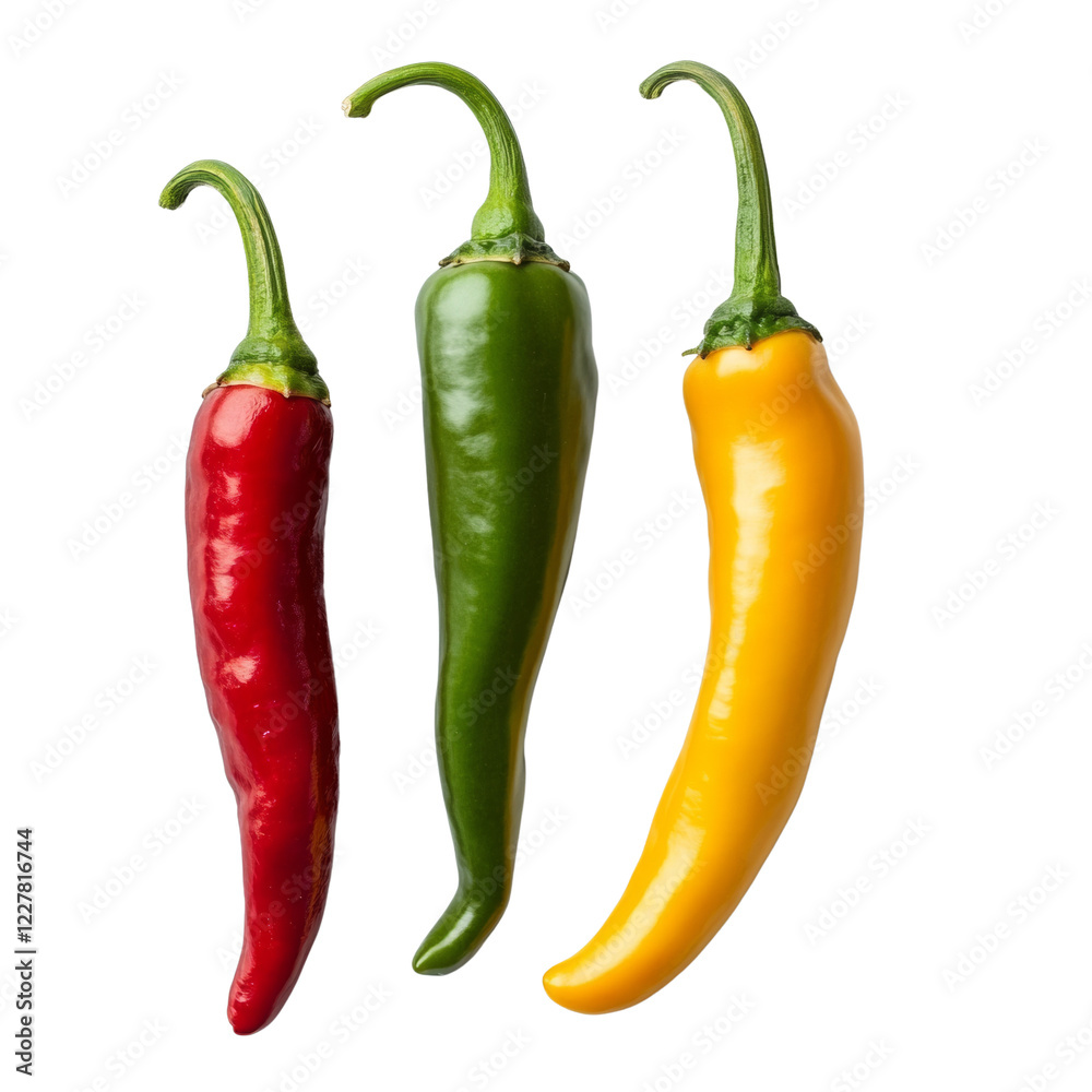 A close-up shot showcases three ripe chili peppers red, green, and yellow against a black backdrop.