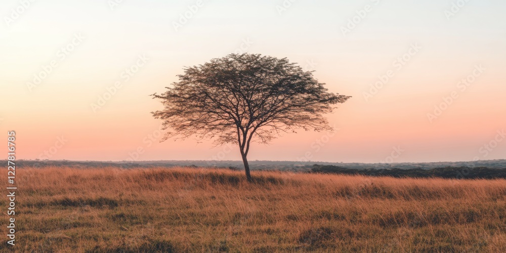 Serene sunset scene featuring a lone tree in a vast meadow nature tranquil landscape wide angle view peaceful atmosphere for inspirational content Serene sunset scene featuring a lone tree in a vast meadow nature tranquil landscape wide angle view peaceful atmosphere for inspirational content