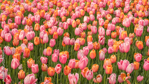 Vibrant field of colorful pink and orange tulips in bloom of spring
