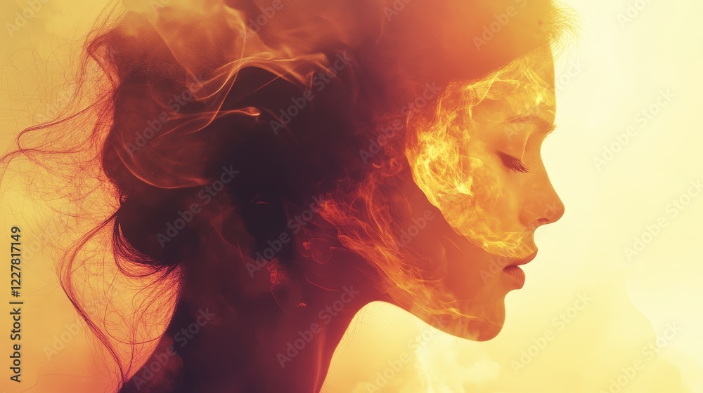 Elegant Woman Profile Surrounded by Flames and Soft Light Effects Elegant Woman Profile Surrounded by Flames and Soft Light Effects