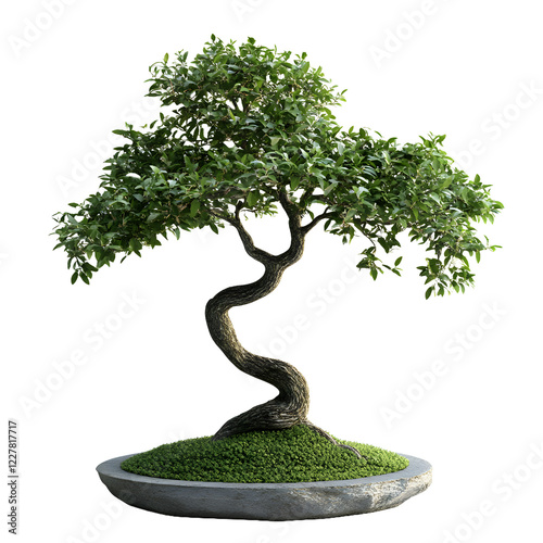 Single miniature Japanese bonsai tree plant with green foliage and visible trunk isolated on a white background