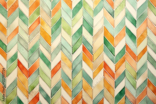 watercolor green and orange herringbone pattern wallpaper