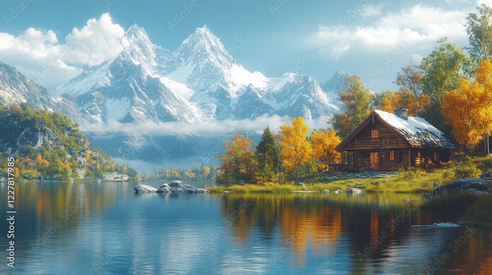 Fototapeta premium Mountain lake cabin autumn reflection serenity