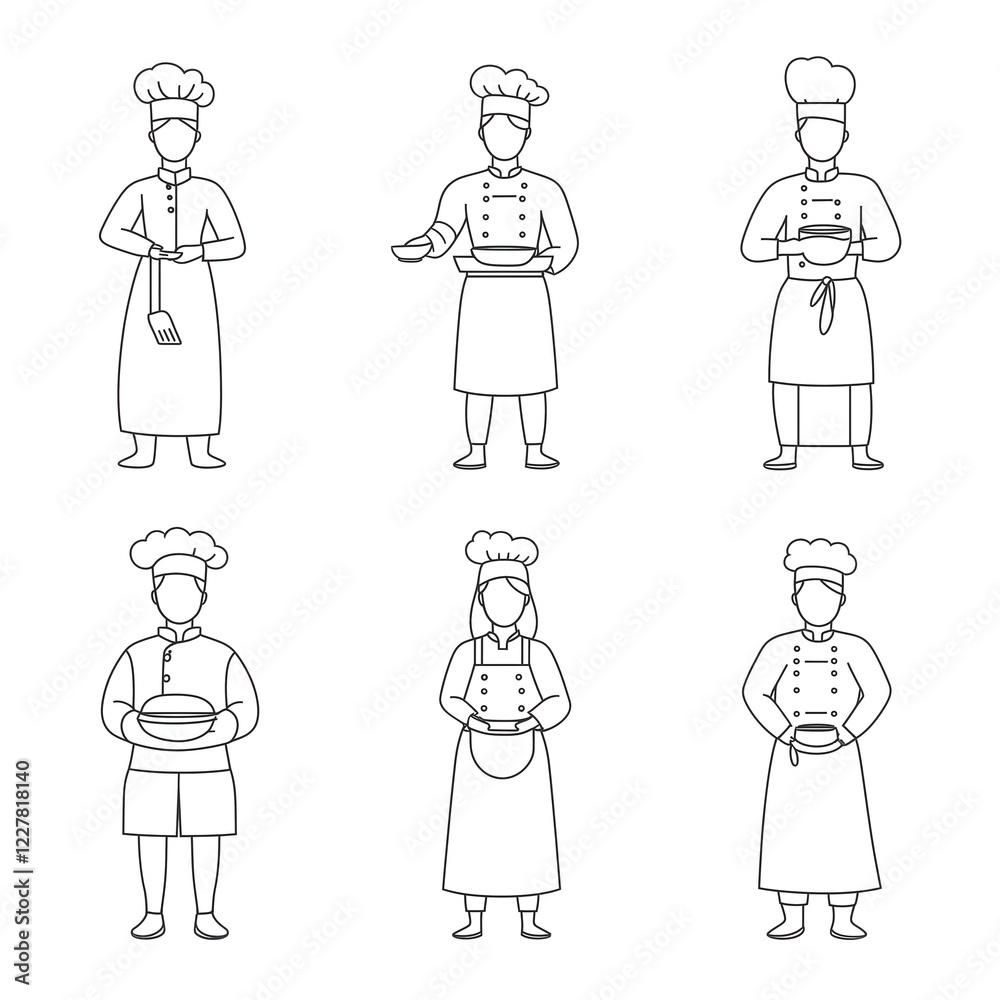 Set of diverse profession silhouettes: chef cooking, minimalist line art, gender-neutral, isolated on transparency Set of diverse profession silhouettes: chef cooking, minimalist line art, gender-neutral, isolated on transparency