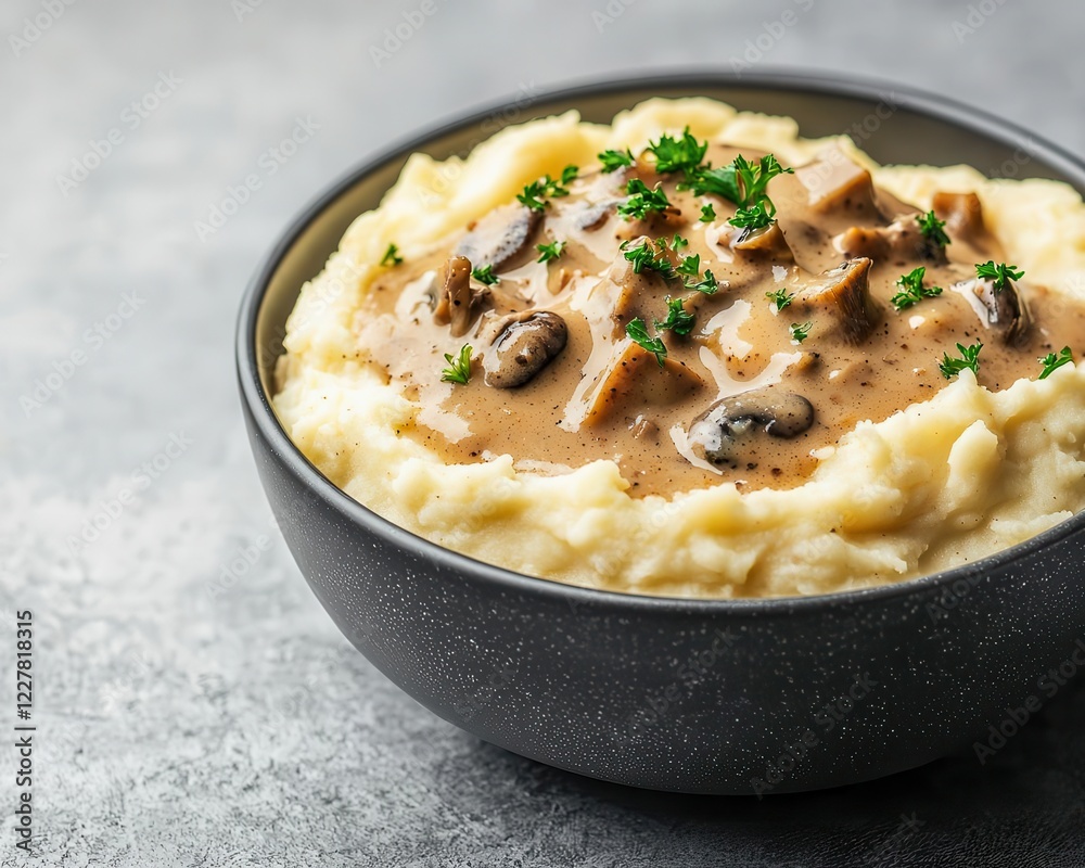 A creamy bowl of vegan mashed potatoes topped with mushroom gravy A creamy bowl of vegan mashed potatoes topped with mushroom gravy