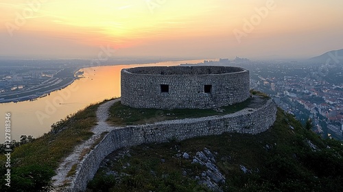 Stone Tower Sunset Overlooking City River Landscape photo