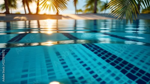 Serene swimming pool at sunset with palm trees and shimmering water