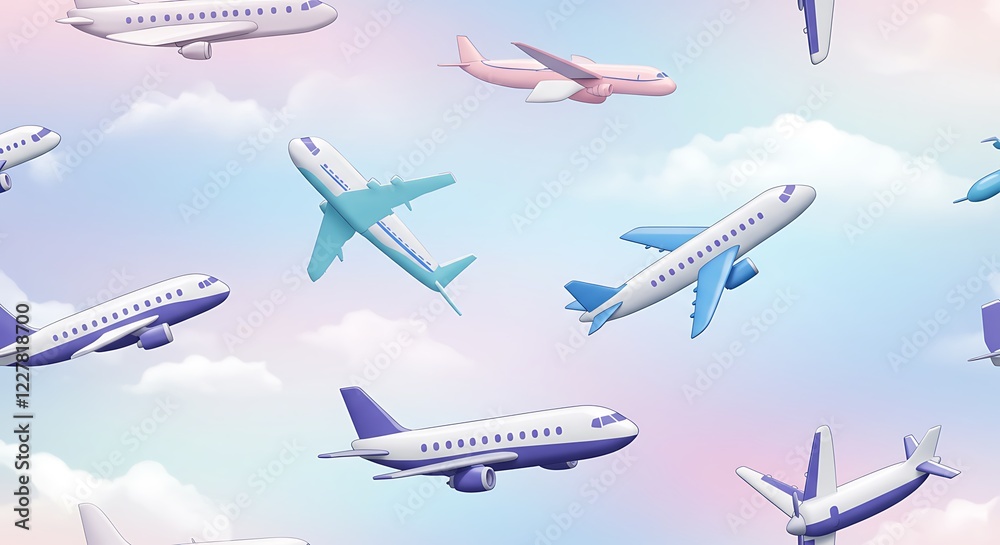 Trendy and stylish airplane pattern made with 3d illustration on dark background. Minimal travel concept. Trendy and stylish airplane pattern made with 3d illustration on dark background. Minimal travel concept.